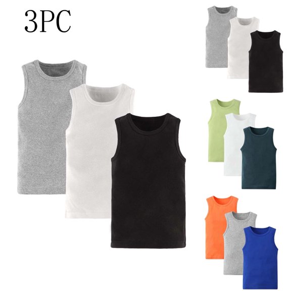 Crunowin Boys And Girls Summer 3-Pack Tank Tops, Solid Color Round Neck Lightweight Breathable Comfortable Cotton Sporty Kids Vest Size 2T Black