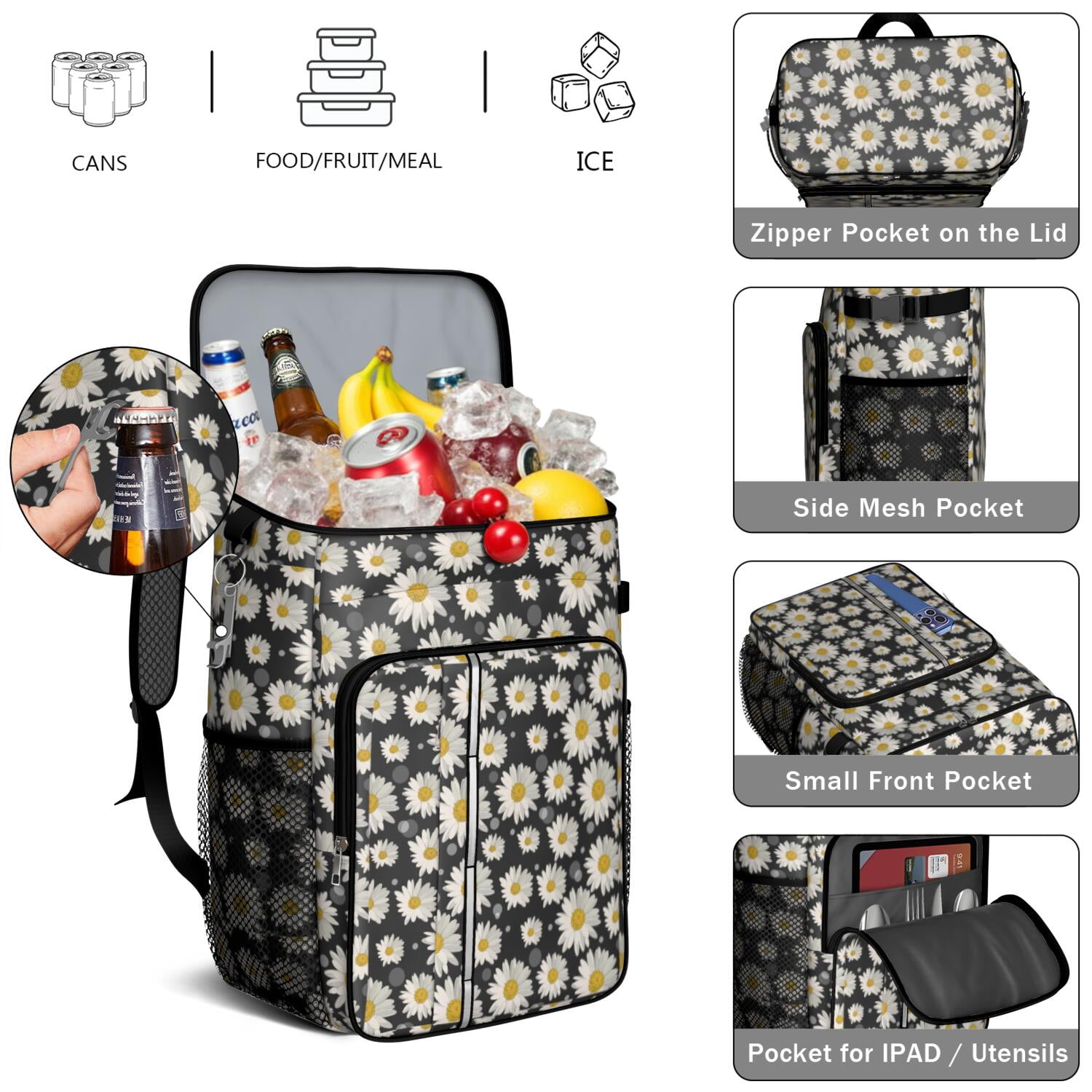 Travel Cooler Bag - Black Sunflower Camping Beer Cooler Backpack with Bottle Opener- Waterproof Insulated Picnic Backpacks - Cooler Bag for Beach