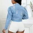 thumbnail image 5 of Cropped Denim Jacket for Women - Distressed Ripped Drop Shoulder Jean Jackets Puff Sleeve Button Front Denim Coat for EveryDay Outing, 5 of 6