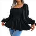 thumbnail image 2 of Blusa Tipo Babydoll de Larga con Cuello Cuadrado, Fruncido, Dobladillo con Volantes y Peplum Fruncido para Mujer. Negro M, 2 of 9