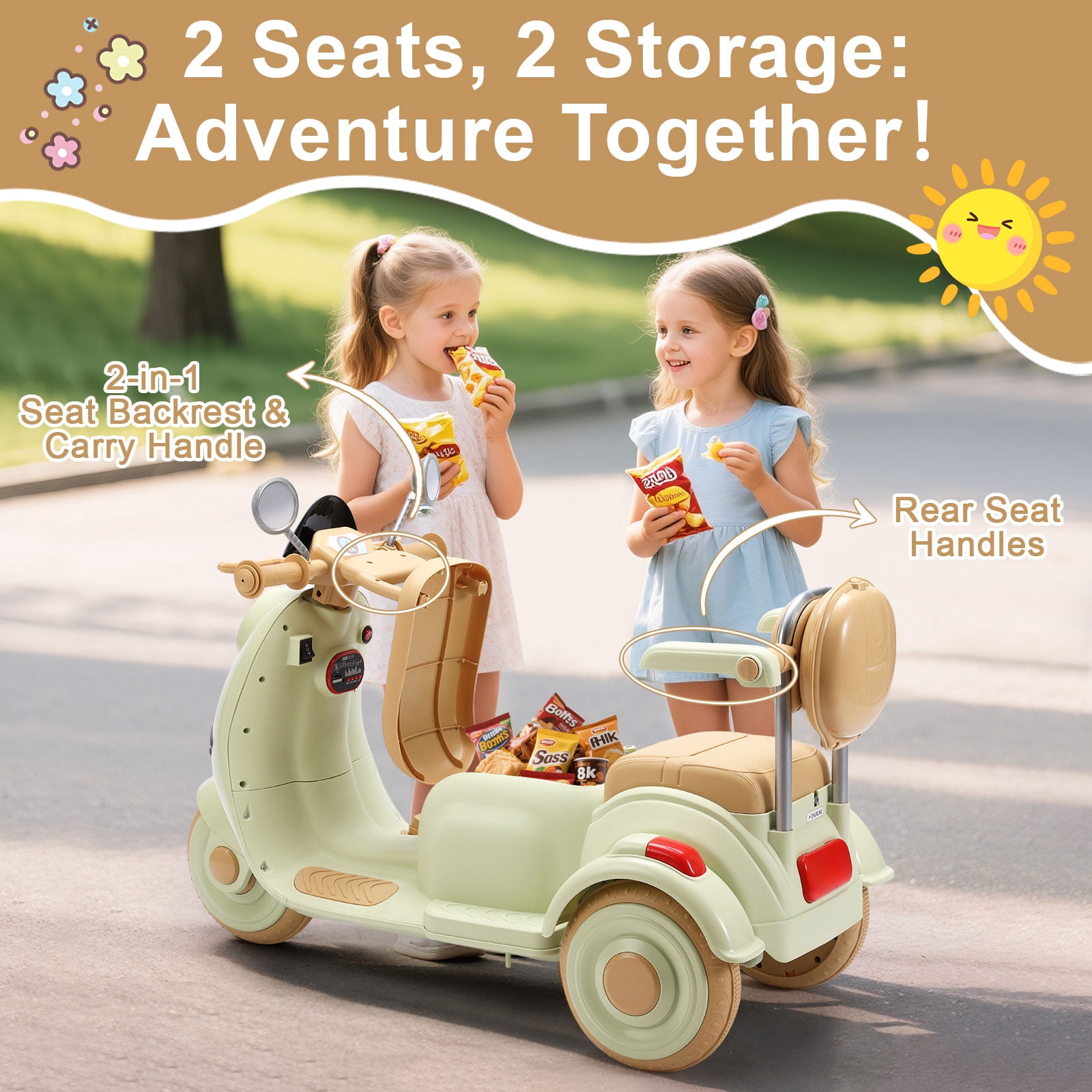 Dimedeal 12V Electric Motorcycle, Ride On Scooter for Kids, 2 Seater with Storage & Dual Motors, 3-Wheel Electric Ride On Toy for Girls and Boys Ages 3-8, Safe & Cute Design (Green)