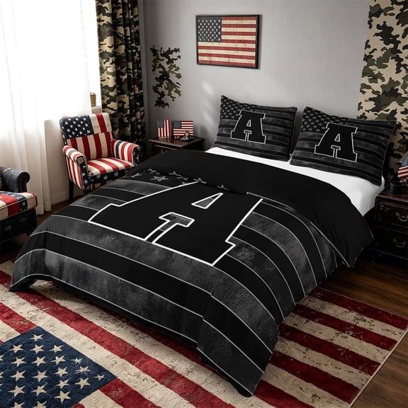 Meiyoeat Vintage American Flag Letter A Queen Duvet Cover Set for Men Boys, Patriotic Monogram Bedding, Black Gray White,Black Reversible,3-Piece,No Comforter