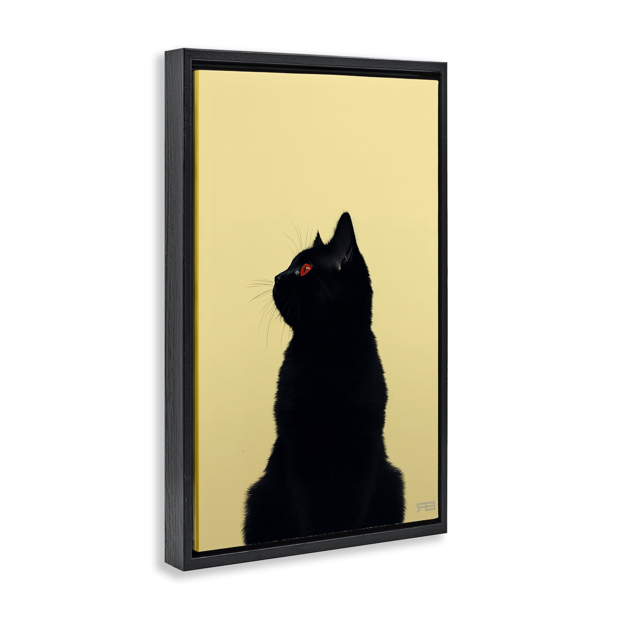 Stupell Industries Black Cat on Yellow Animals & Insects Painting Black Floater Framed Canvas Art Print Wall Art, 17 x 25