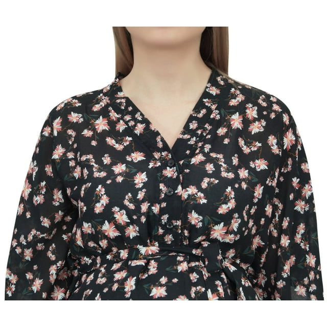Bimba Robe Maxi Noire à Manches Kimono pour Maman, Imprimé Floral, Kaftan de Maternité-10