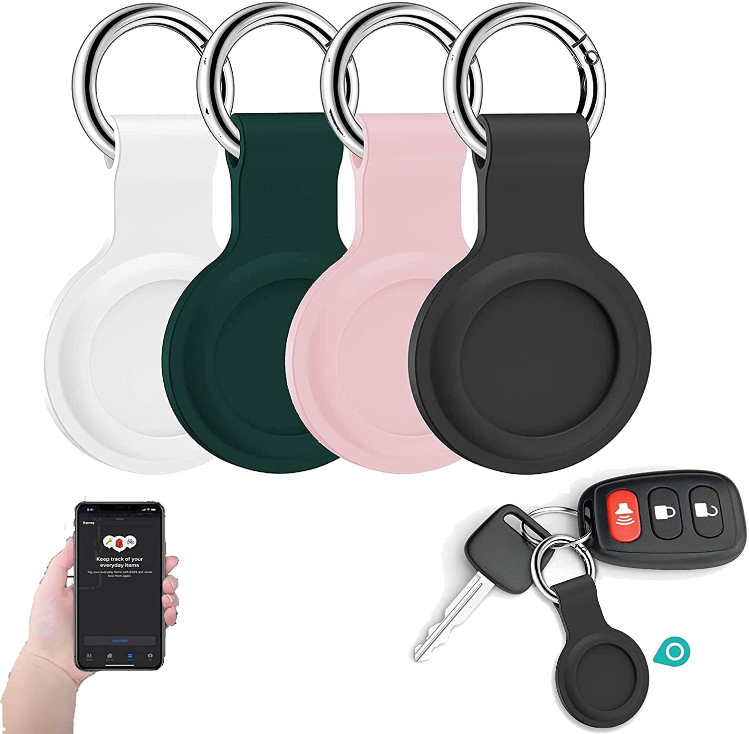 Rhinenet Protective Case for AirTag Bluetooth Tracker Portable Device Soft Silicone Protector Cover with Keychain Ring Hook Loop Sleeve Holder Anti Lost Anti-Scratch Sweatproof Finder Keyring Skin 