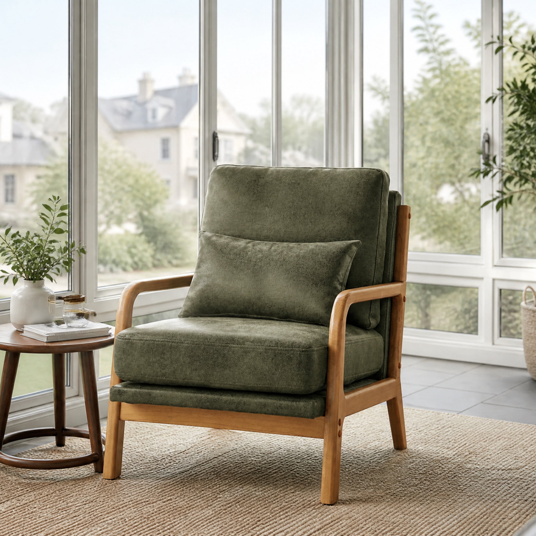 Noble House Mid-Century Modern Lounge Chair, Foil Fabric Upholstered Accent Chair, Olive Green