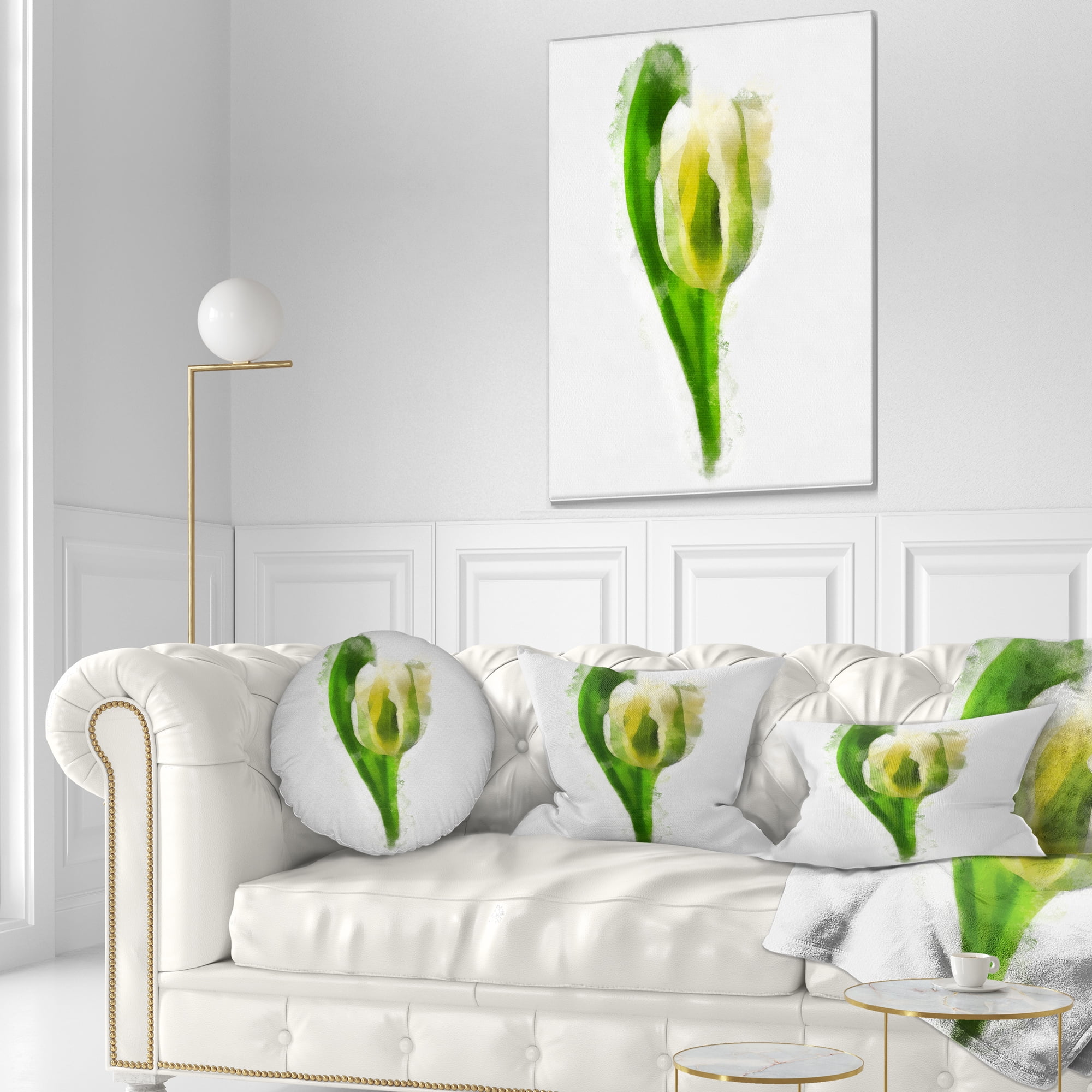 Designart White Tulip with Green Leaves - Floral Throw Pillow - 12x20