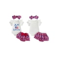 thumbnail image 2 of BemeyourBBs Newborn Baby Girls My First 4th of July Outfits Independent Day Patriot Summer Clothes Letter USA Flag Short Sleeves Romper and Bow Print Ruffled Shorts Skirt Headband 3pcs Set, 2 of 9