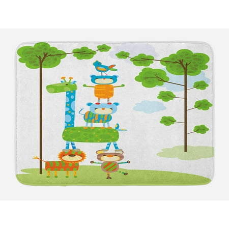 - Nursery Bath Mat, Funny Cute Jungle Creatures Balancing on Each Other Animal Tower in Forest, Non-Slip Plush Mat Bathroom Kitchen Laundry Room Decor, 29.5 X 17.5 Inches, Green Blue Orange, Ambesonne