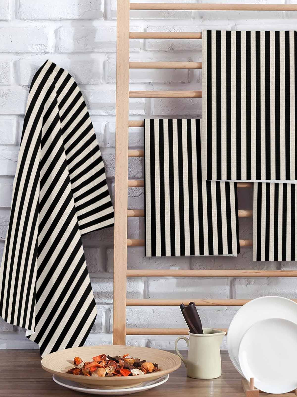 Black Striped Hand Towels Set, Waffle Weave Kitchen Towels 3 Pieces, Modern Simple Farmhouse Beige Vintage Microfiber Hair Face Bath Tea Towel Absorbent Quick Drying Cleaning Dish Cloths 15.7"x23.6"