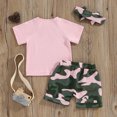 thumbnail image 3 of Bagilaanoe 3pcs Toddler Baby Girl Shorts Set Short Sleeve Letter Print T Shirt Tops + Camouflage Shorts + Headband 6M 12M 18M 24M 3T 4T Kids Casual Summer Clothes, 3 of 8