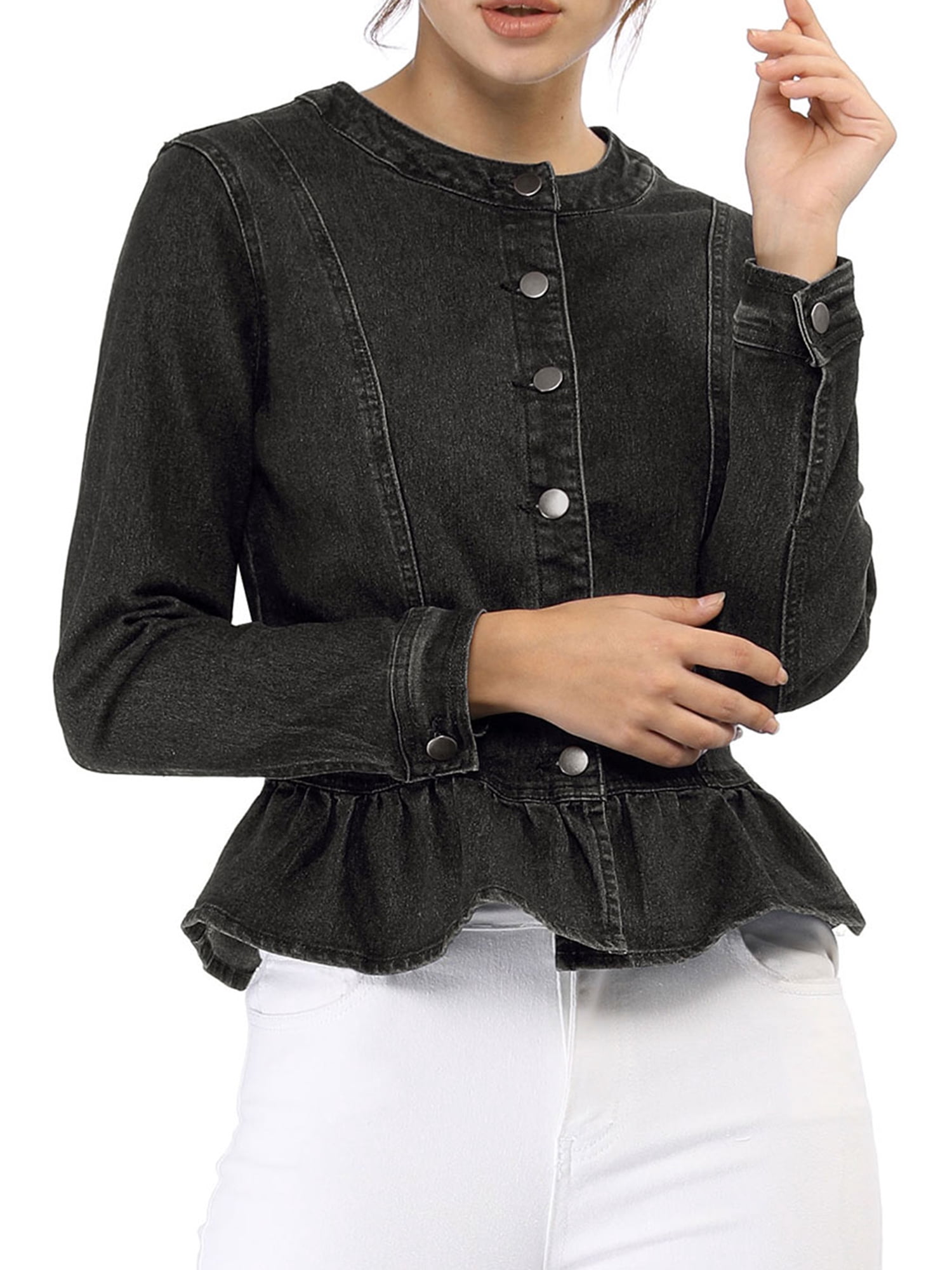 DARING DIVA Women's Button Down Cropped Ruffle Hem Denim Jacket M Black