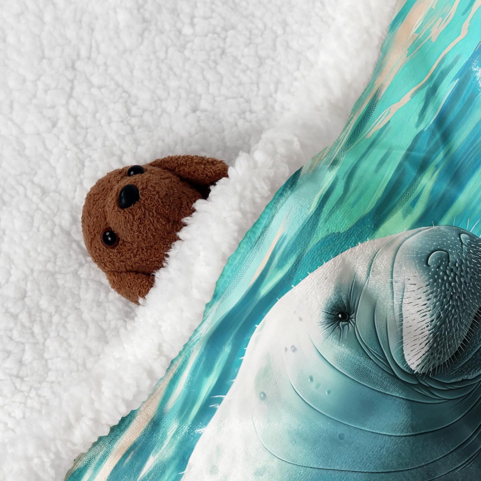 50" x 60"Animal Print Fleece Throw Blankets for Couch Sofa Bed, Manatee Family Sherpa Blanket, Super Soft Warm and Lightweight