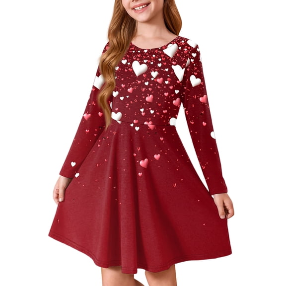 Abcomgle Valentines Dresses for Girls 7-8 Cute A-Line Long Sleeve Midi Dress for Girls Cute Love Heart Dress Outfits Crewneck Holiday Swing Dresses for Girls,