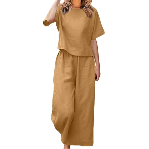 Women'S 2 Piece Set - Boat Neck Half Sleeve Top & Wide Leg Pants with Pockets, Casual for Work, Travel Coffee S