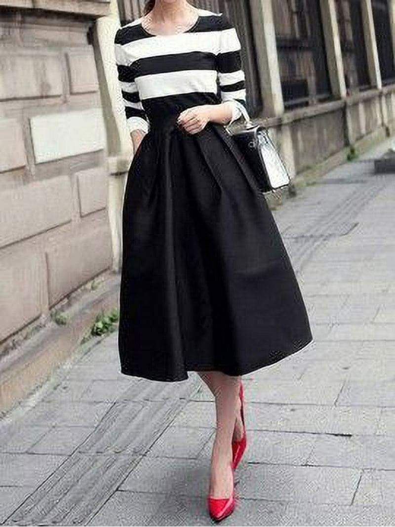 knee length dresses for ladies Black Abstract Stripe Print 2 in 1 Long Sleeve Pleated Skirt Midi Dres – AX  Paris US main image 0