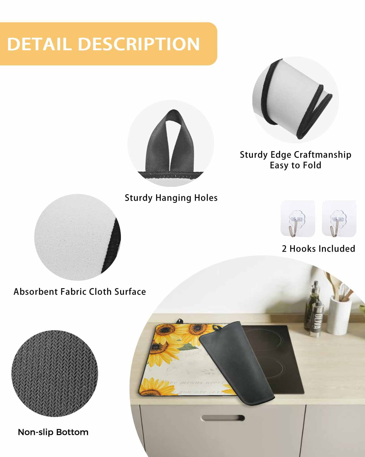 nqOlkjepod Large Induction Cooktop Protector Mat 24"x21", Sunflower Retro Stove Top Covers for Electric Stove, Spring Summer Retro Botanical Floral Stove Burner Cover Mats, Glass Top Stove Cover