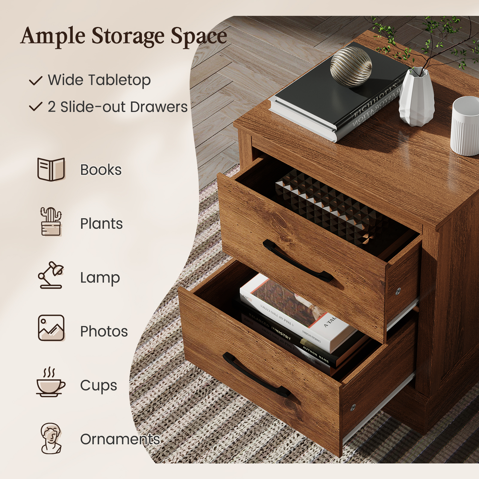 Costway 2 Drawer Nightstand Bedside Table Compact Sofa End Table Rustic Walnut
