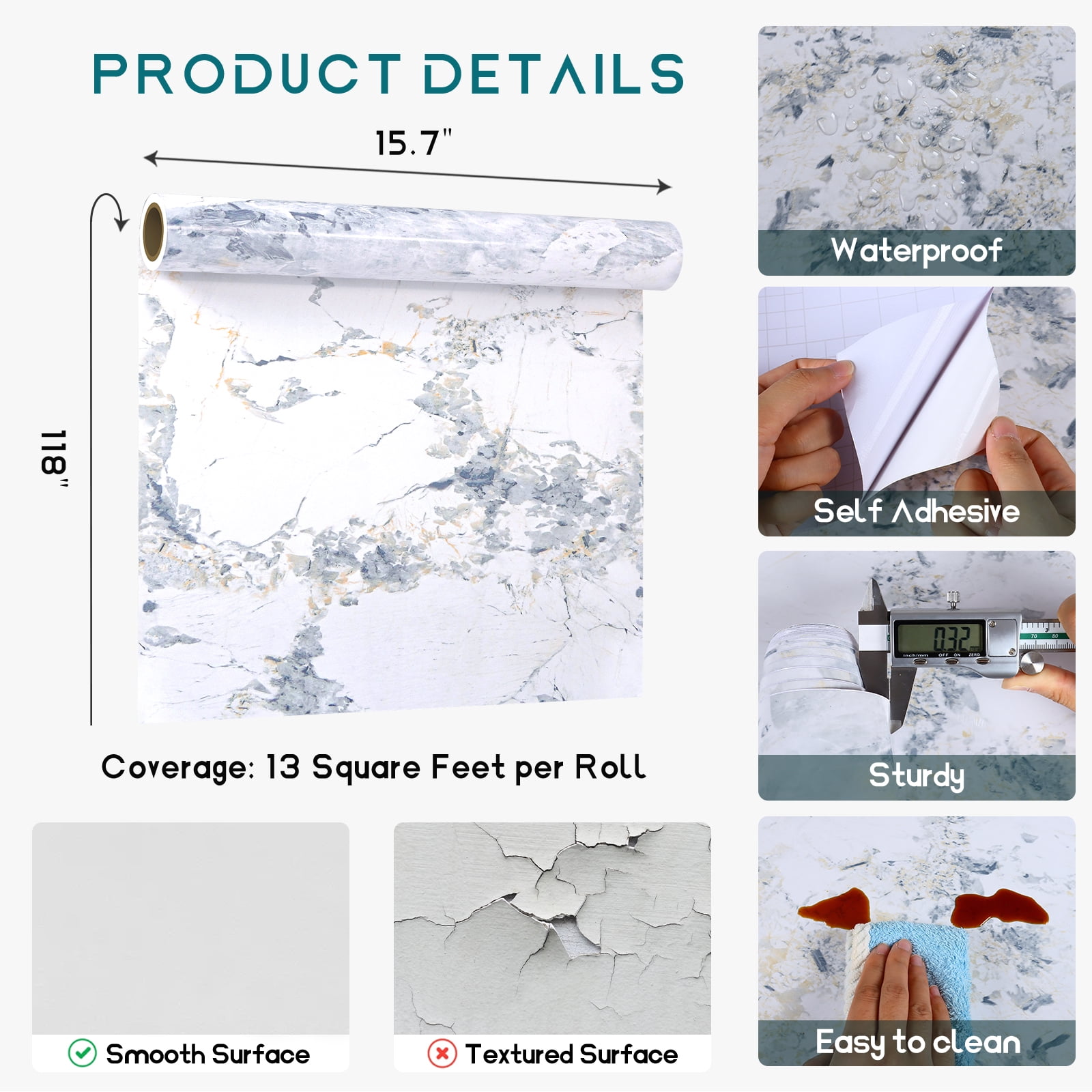 VEELIKE 15.7"x118" Spruce White Marble Contact Paper for Countertops Peel and Stick Waterproof Glossy Marble Wallpaper Self Adhesive Granite Peel and Stick Countertops Vinyl for Kitchen Bathroom