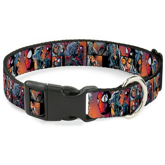 Marvel Comics Pet Collar, Dog Collar Plastic Buckle, Spider Man Black Cat Scene Blocks, 7 to 8.5 Inches 0.5 Inch Wide