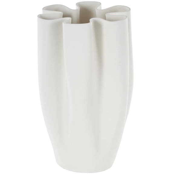 DecMode 13" Abstract Ribbed Dimensional Folded White Ceramic Vase with Floral Shaped Rim