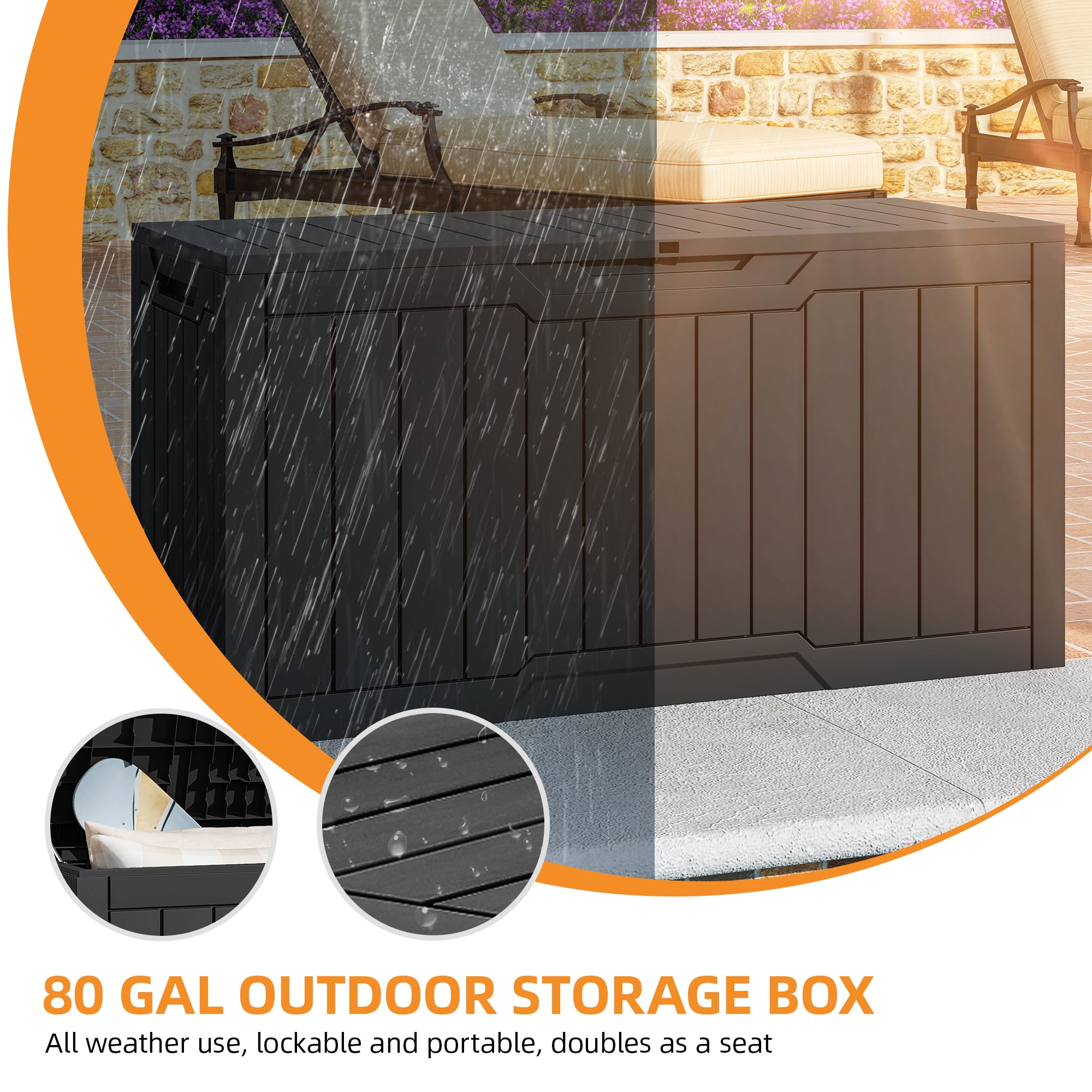 Uforic 80 Gallon Outdoor Resin Deck Box – Lockable Storage with Stylish Wood-Grain Texture & Durable Black Finish for Patio & Garden