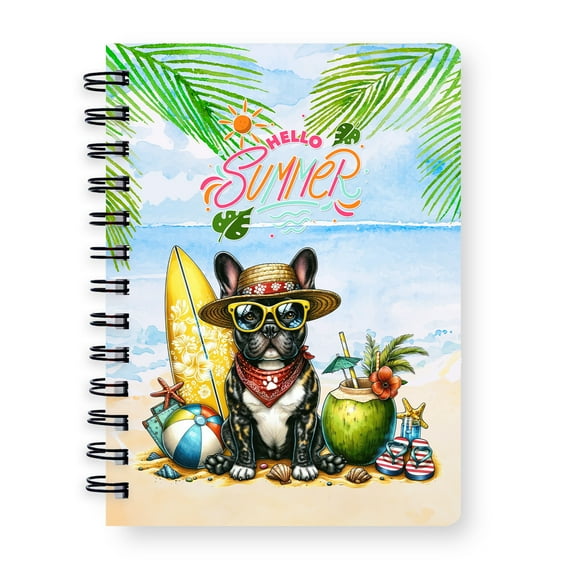 French Bulldog Hello Summer with Sunglasses and Surfboard Tropical Vibes Spiral Bound Journal Dog Lover Gifts 5x7in Spiral Notebook - 00007