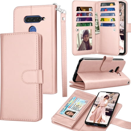LG V40 Case, LG V40 ThinQ Wallet Case, LG V40 Carrying Case, Tekcoo Luxury ID Cash Credit Card Slots Holder PU Leather Folio Flip Cover [Detachable Magnetic Hard Case] Kickstand - Rose (Best Way To Carry Credit Cards)