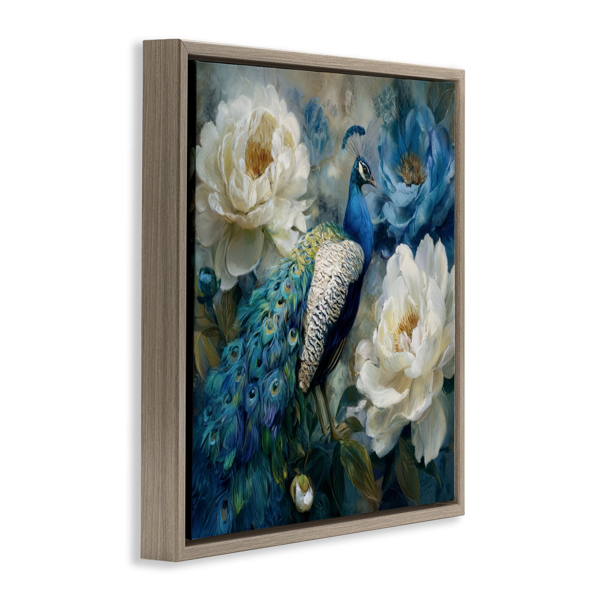 Stupell Industries Pretty Peony Peacock Brown Framed Floater Canvas Wall Art, design by Tina LeCour