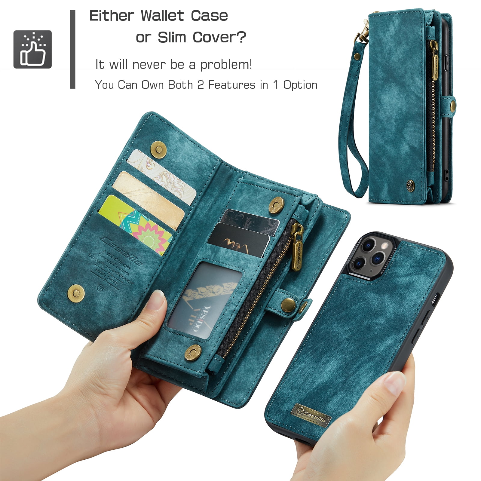 Feishell Durable 2-In-1 Magnetic Detachable Wallet Case for iPhone 11 Pro Max,for Women Men,Premium PU Leather Zipper Pocket Flip Multi Card Slots Purse Phone Case with Wrist Strap,Green