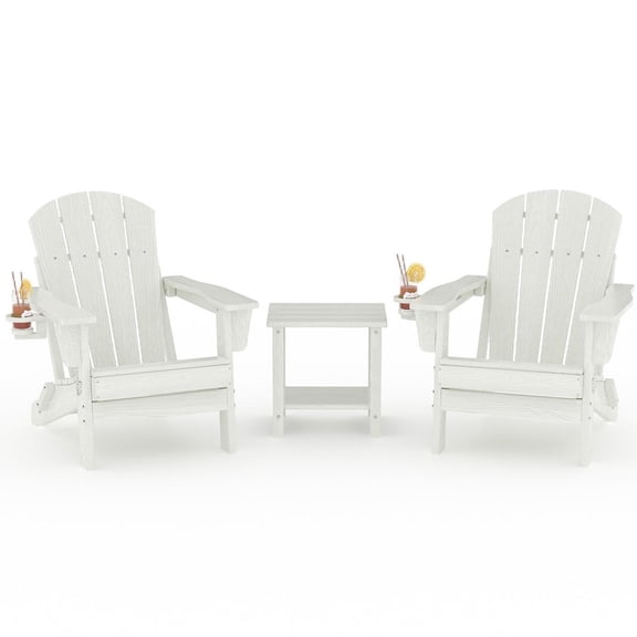 Folding Adirondack Chair Set of 2 with Side Table, All-Weather HDPE Outdoor Chair, Wooden Textured with Cup Holder for patios, Decks, Gardens, fire pits, White