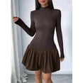 thumbnail image 6 of Women Long Sleeve Bubble Mini Dress Bodycon Mock Neck Casual Cocktail Club Party Dresses Brown L, 6 of 9