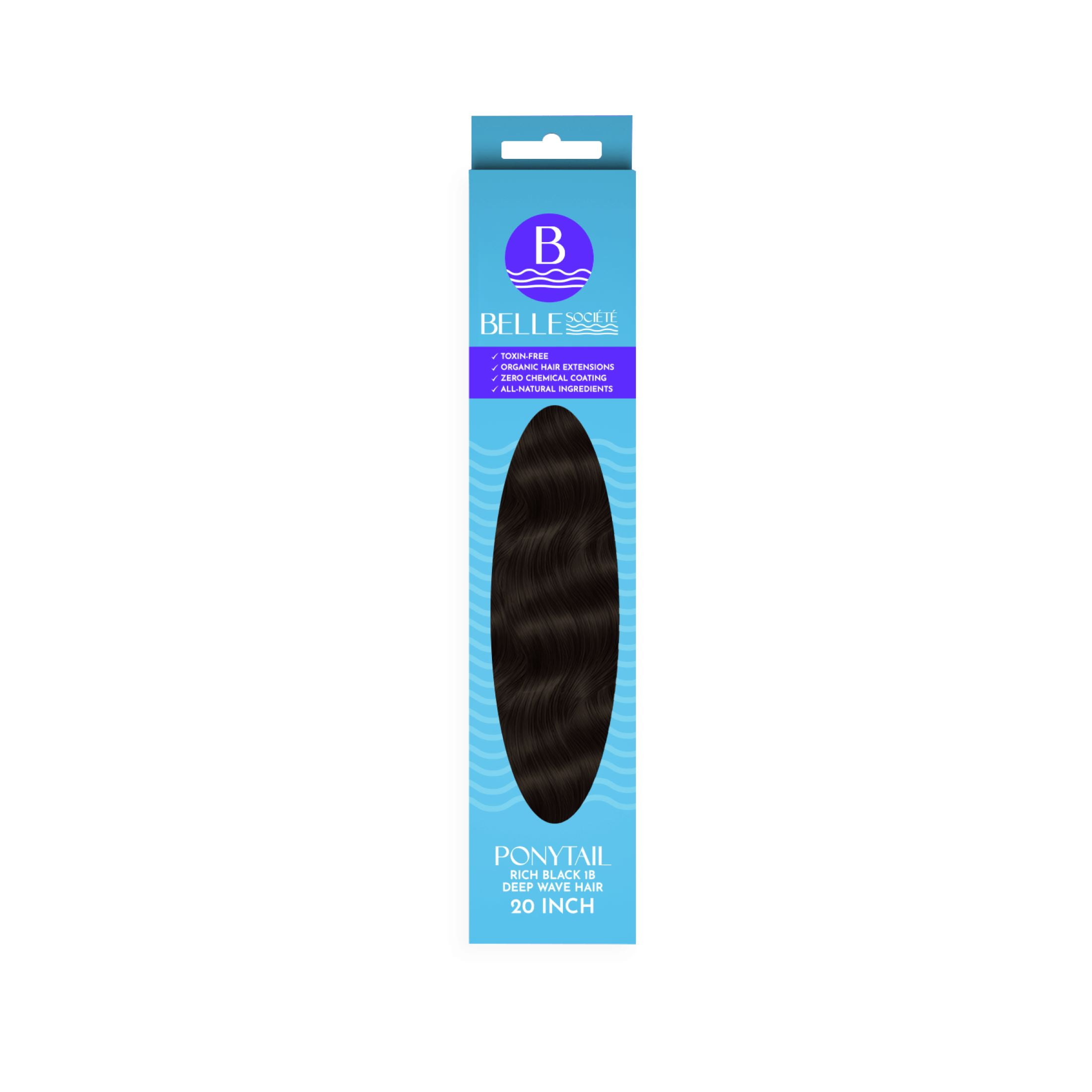 Belle Societe Deep Wave Drawstring Ponytail Extension, 20in, 140g, Color 1B, Non-Toxic, Organically Treated, Quick Easy Install