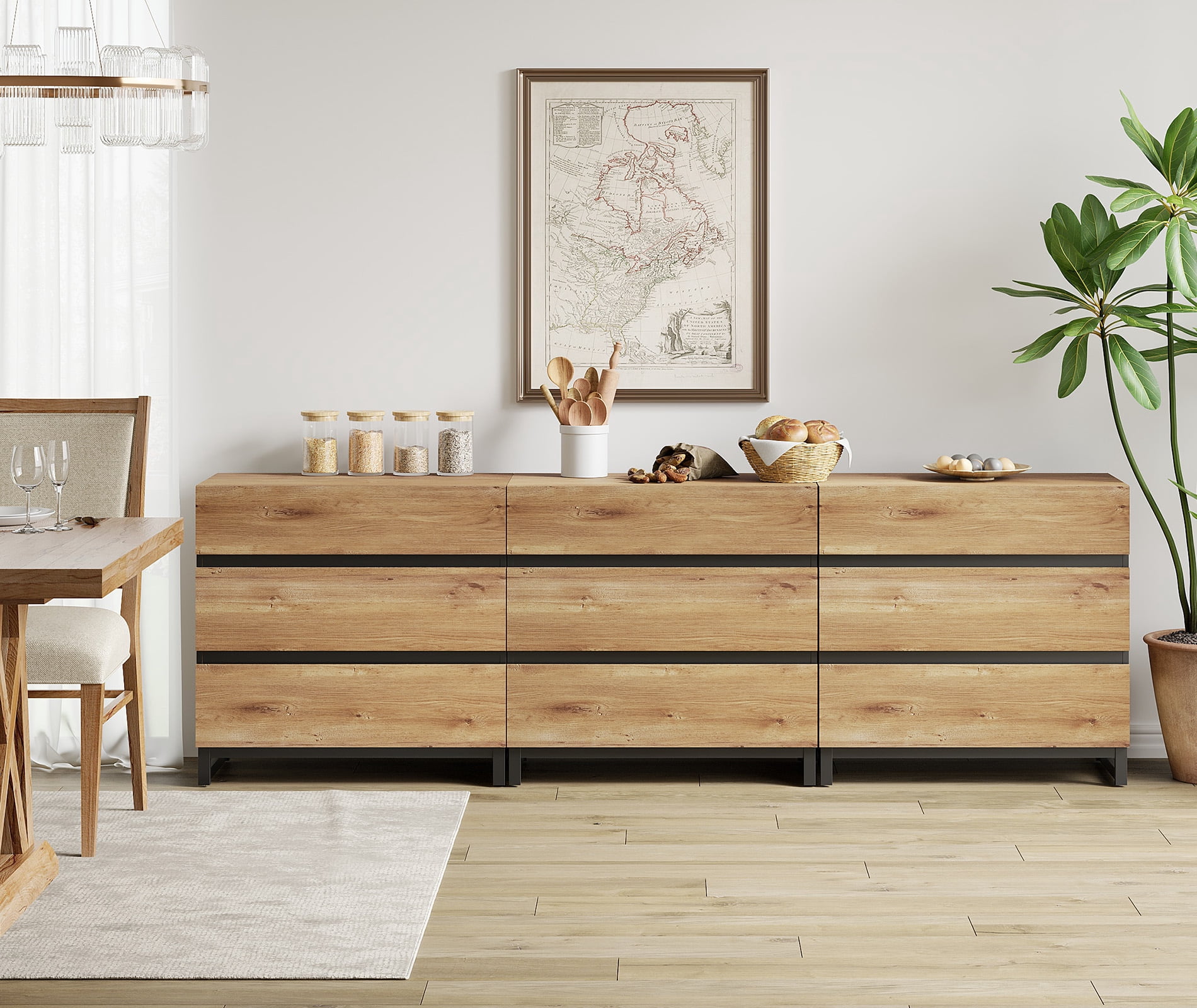3 In 1 Multifunctional Sideboard Buffet Cabinets, Modern Sideboard With Adjustable Shelf And 9 Drawers, Coffee Bar Cabinet Storage Cabinet For Living Room, Kitchen,Oak