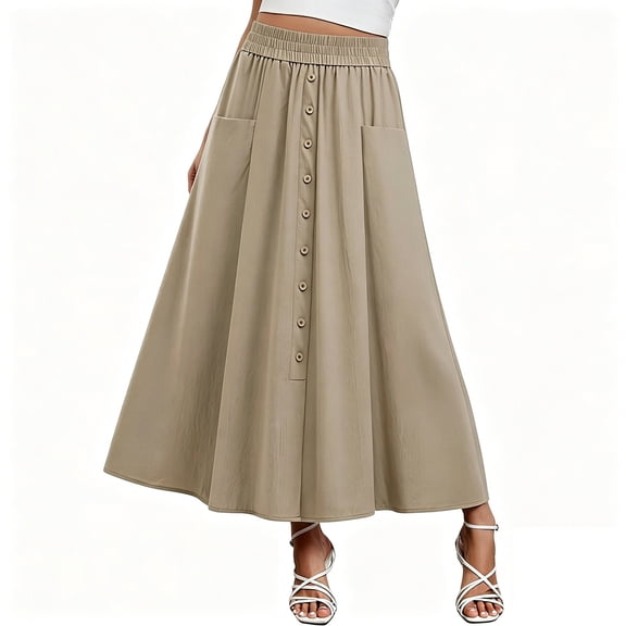 Gfyviroh Womens Long Skirt with Pockets High Waist Button Detail Elegant Skirt Plus Size Flowy Flare A-Line Casual Skirt