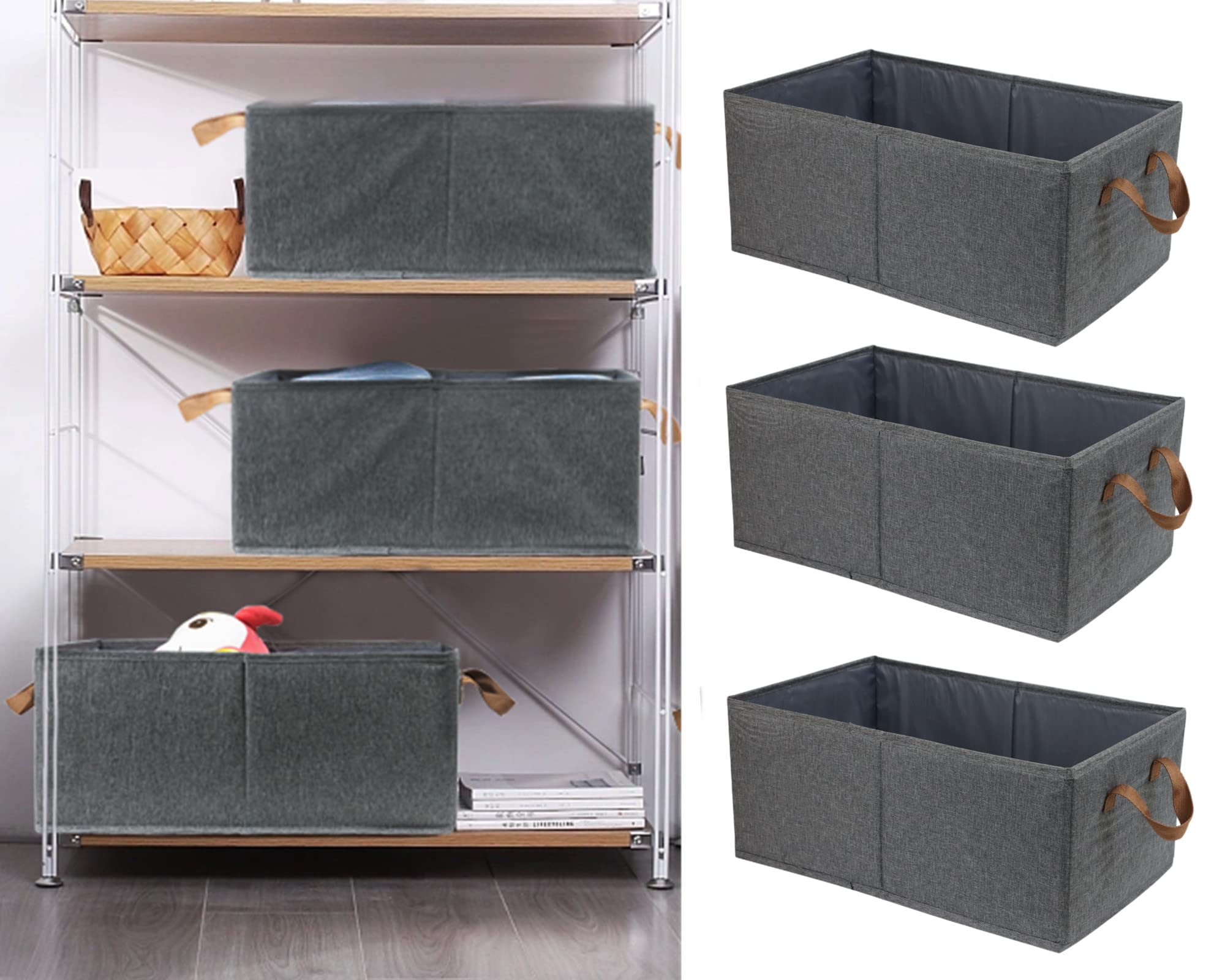 Deally 3 Pack Large Capacity Storage Bins Closet Organizer System, Sturdy Foldable Storage Boxes for Organizing Clothing, Sheets, Toys, Books - Shelf Organizer Shelves Basket Storage Bin