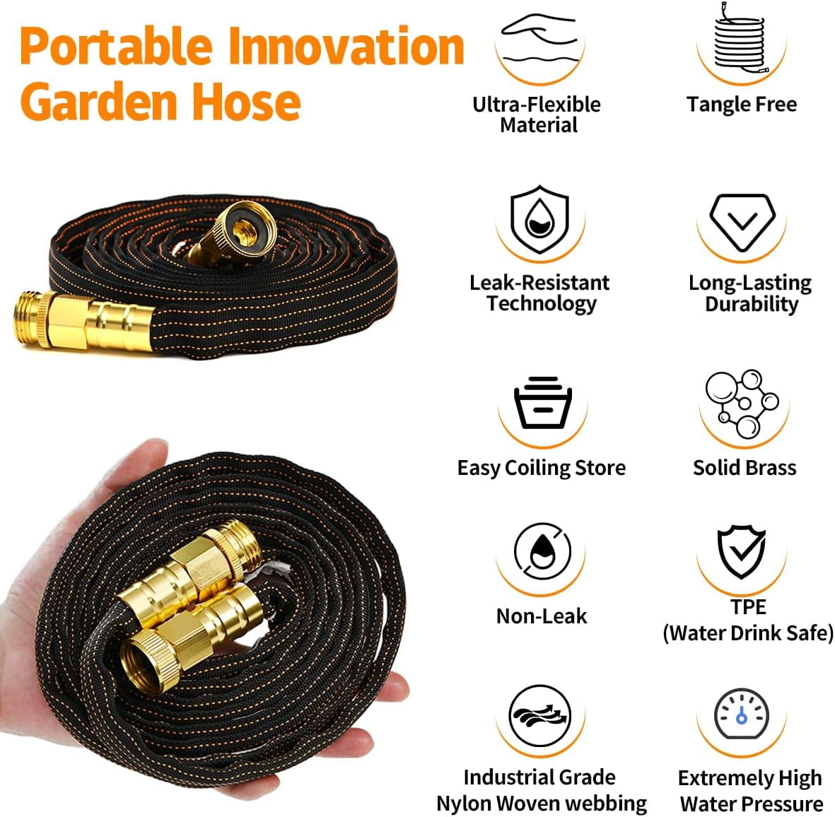 10FT Lightweight Flexible Garden Hose, Non-Slip Handles, Non-Kink TPE Hose with Brass Fitting for RV, Marine, Lawn & Garden