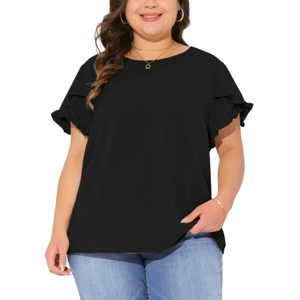 Blusas de verano de talla grande para mujer Agnes Orinda, con volantes, manga corta, cuello redondo, camisetas casuales 1X en negro