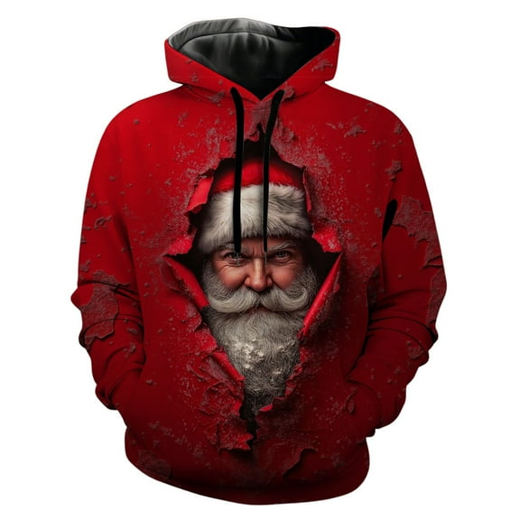 Telankuip Funny Santa Claus Large Graphic Design Hoodies for Men Christmas 3D Print Loose Long Sleeve Pullover Sweatshirts Oversized X-Mas Holiday Drawstring Hooded Tops Red XL