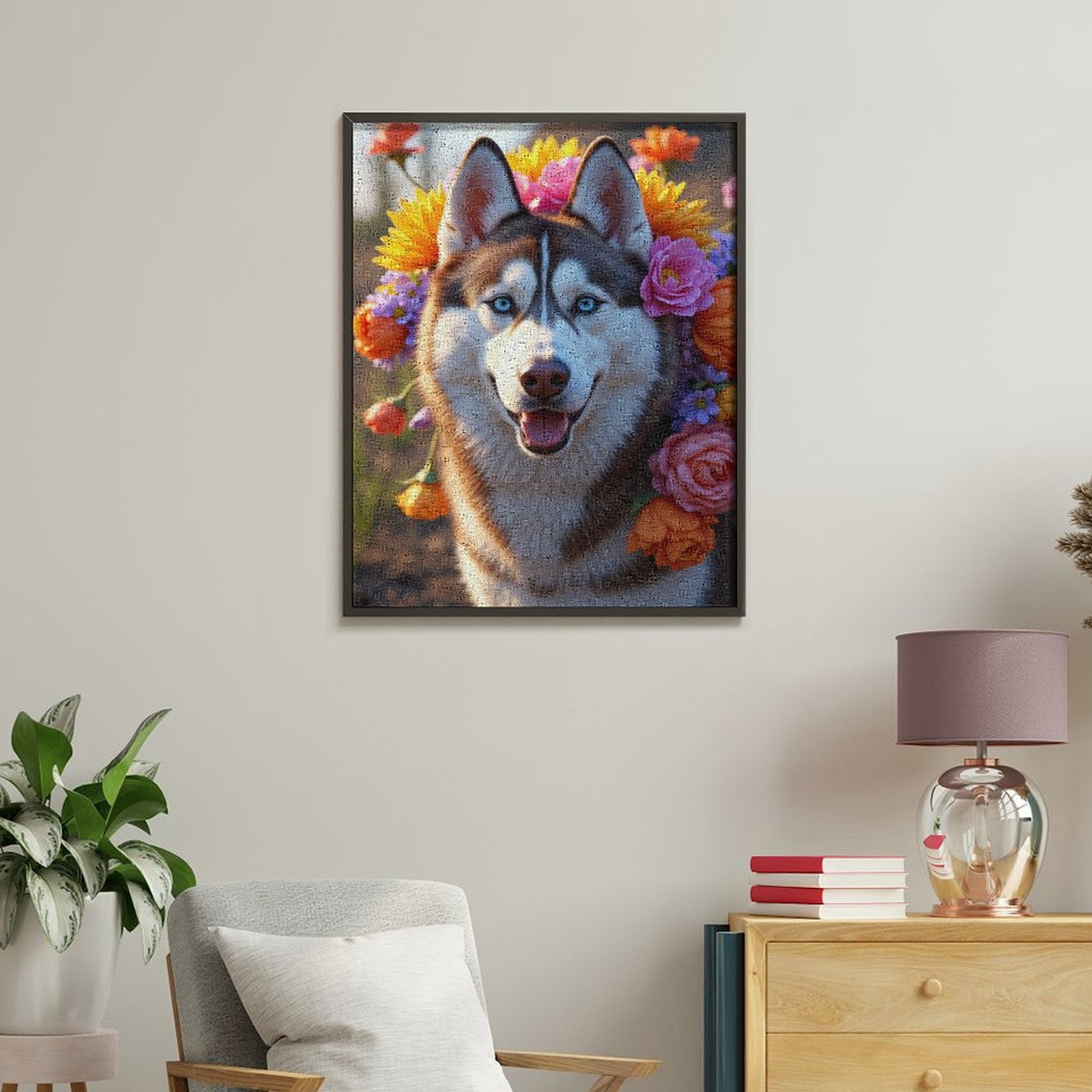 Paint By Numbers Kit for Adults Beginner - DIY Bright Husky Floral Portrait Canvas Painting Kits for Adults, Frameless Paint By Number for Adults for Home Wall Decor 16x20 Inch