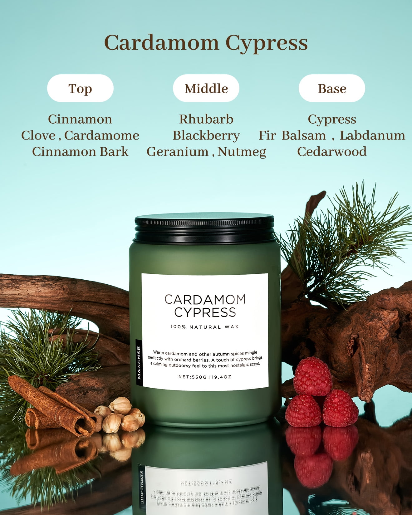 M&SENSE Cardamom Cypress Large Soy Candles for Home Scented，2 Wick Large Soy Natural Candles 19.4oz 110 Hours Long Lasting Slow Burning, Christmas Holiday Woody Scented Winter Candle Gift