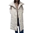 thumbnail image 3 of Women'S Long Quilted Cotton Coats Jackets Long Sleeve Stand Collar Padded Coats Jacket Outerwear with Pockets Beige L, 3 of 9