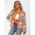 thumbnail image 4 of Women'S Multicolored Striped Crochet Knit Cardigan Crew Neck Flared Sleeve Button Y2K Sweater Coat Orange M, 4 of 10