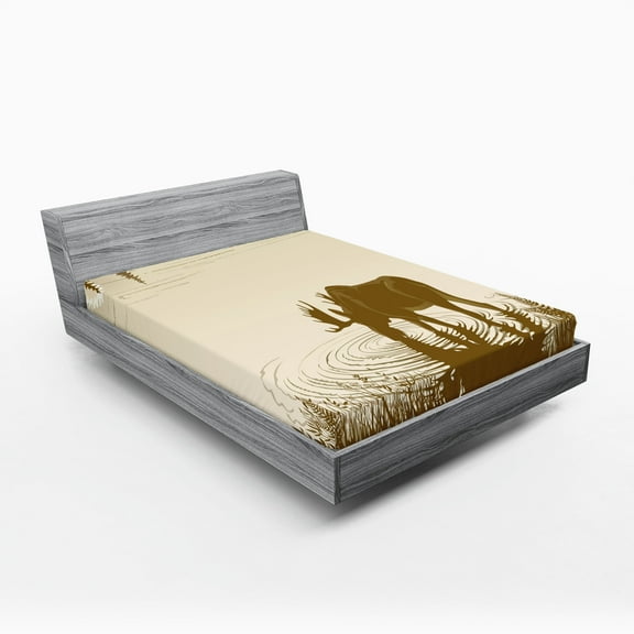 Ambesonne Animal Fitted Sheet, Lake River Forest Wild, Queen Size, Cream Sepia