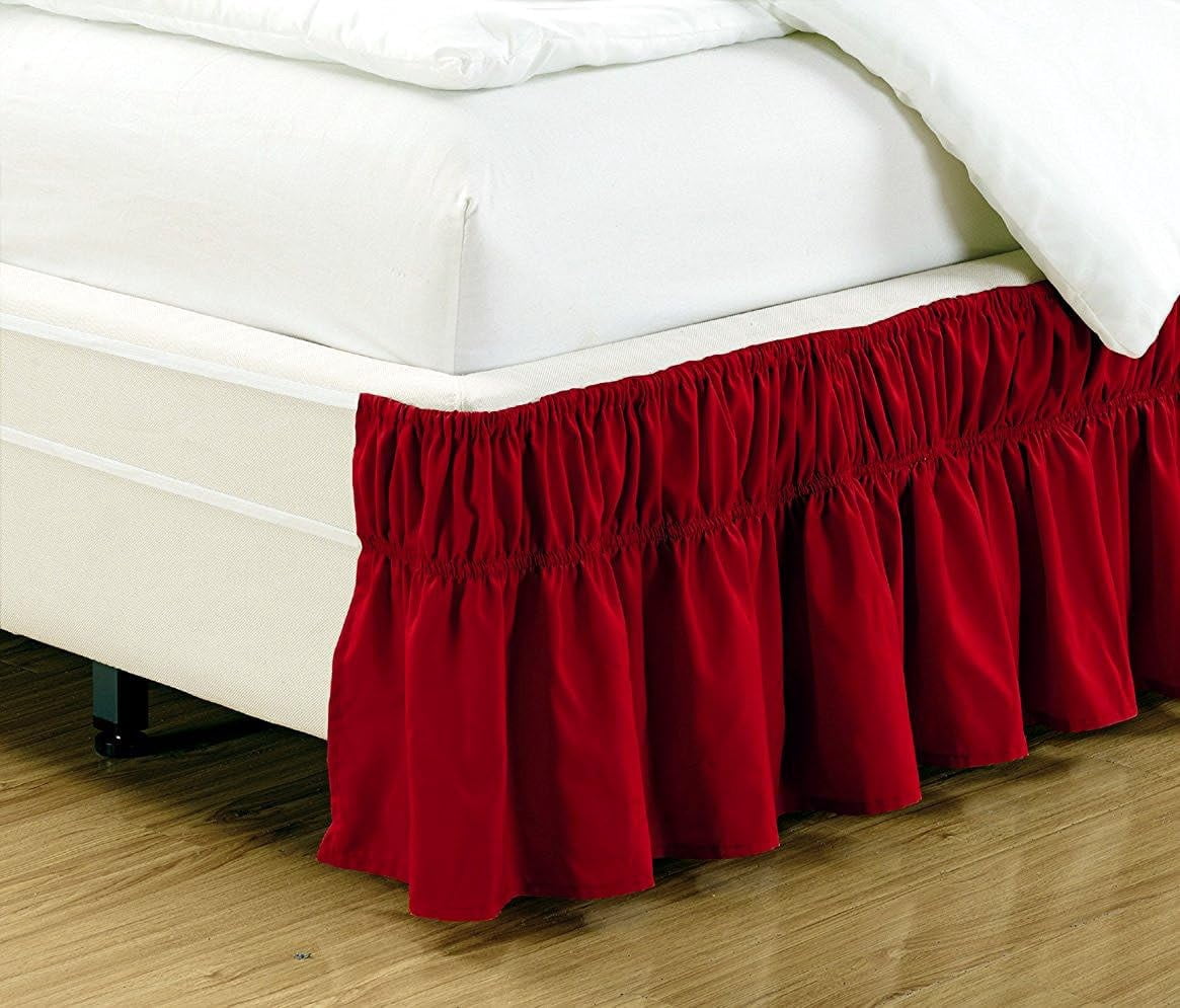 Easy Fit Bed Skirt Wrap Around Elastic Bed Ruffle with 17 Inch Drop Solid Red Bedroom Decor