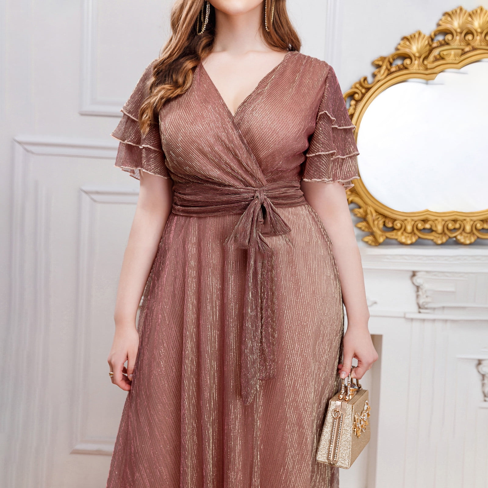 OSFVNOXV Fall Wedding Guest Dresses for Women Plus Size Chiffon Ruffle Sleeve V-Neck High Waisted Bodycon Swing Gown Party Dress