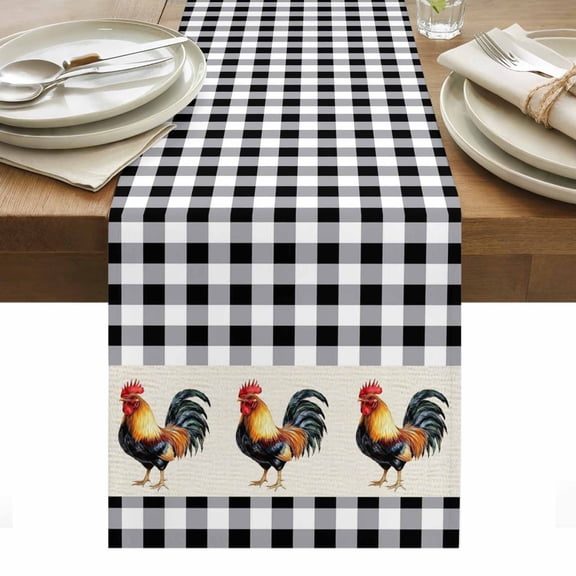 Black White Plaid Rooster Table Runner - 120 Inch Long, Kitchen Dining Table Runner Dresser Scarves, Vintage Farmhouse Checkered Farmhouse Decor for Coffee Tables Wedding Party Banquet