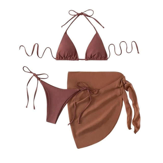TSADFHJI Maillots de Bain Tankini 2 Pcs pour Femmes Ensemble Bikini Aguichant à Nouer avec Bas à Jupe 3 Pcs TG Café