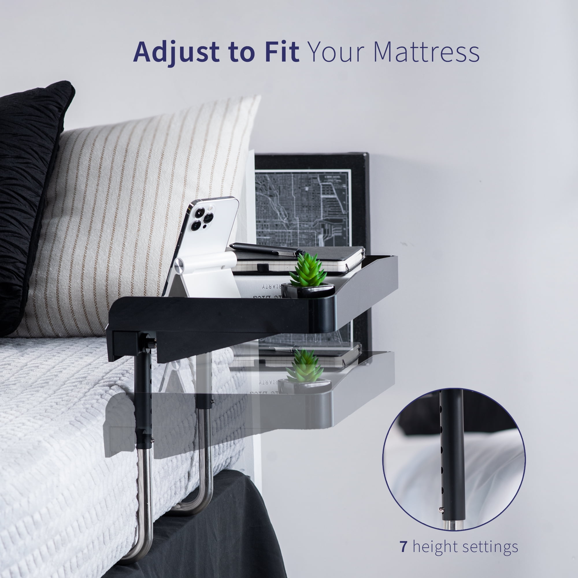 Sidekiix Black Under Mattress Bedside Laptop Shelf, Adjustable 17" x 11" Tray