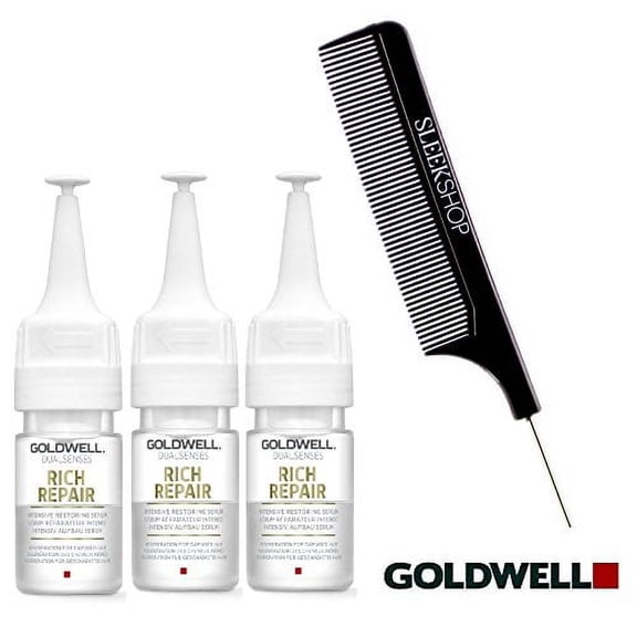 Goldwell Dualsenses RICH REPAIR Intensive Restoring Serum, 18ml / 0.6oz vials (with Sleek Steel Pin Tail Comb) (3-pack, Rich Repair)